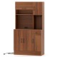 66-inch brown pantry cabinet with charging station, open shelf, and adjustable storage for kitchen appliances and.
