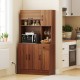 66-inch brown pantry cabinet featuring a charging station, microwave stand, adjustable shelves, and wine glass holder.