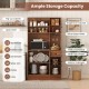 66-inch brown pantry cabinet with charging station, open shelves, wine glass holder, and adjustable storage options.