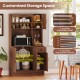 66-inch brown pantry cabinet with adjustable shelves, charging station, and microwave stand for versatile kitchen.