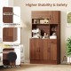 66-inch brown pantry cabinet with charging station, adjustable shelves, and anti-toppling kits for kitchen stability.