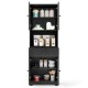 Tall black storage cabinet with 4 doors and 1 drawer, featuring adjustable shelves for versatile organization.