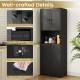 Tall black storage cabinet with 4 doors, 1 drawer, and adjustable shelf, perfect for versatile home organization.