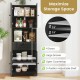 Black modern storage cabinet showcasing an open countertop for display, featuring 4 doors and a large drawer for.