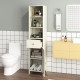 Narrow 67-inch tall beige bathroom cabinet with fluted door, featuring 3 open shelves and a pull-out drawer for storage.