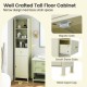 Tall beige bathroom cabinet with fluted door, three shelves, and pull-out drawer for efficient small space storage.