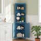 Tall blue bathroom storage cabinet with fluted doors, featuring 3 open shelves and a secure cabinet for versatile.