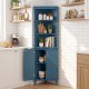 Blue 68-inch tall bathroom storage cabinet with fluted doors and sturdy rubber wood legs, ideal for corner placement.