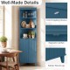 Tall blue bathroom storage cabinet with fluted doors, featuring three shelves and rubber wood legs for stylish.