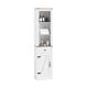 Narrow 68-inch tall white bathroom cabinet with barn door, adjustable shelves, and pull-out drawer for organized.