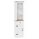 Side view of the 68-inch tall white bathroom cabinet featuring a barn door, drawer, and adjustable shelves for.