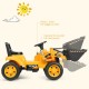 Kids ride-on excavator in yellow with lifting arms and bucket tip mechanism, perfect for indoor and outdoor play.