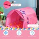 Pink kids play tent with double net curtain, made of soft peach skin fabric and sturdy fiberglass rods for indoor fun.