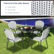 Set of 4 stackable white rattan dining chairs with armrests, perfect for outdoor use in garden or patio settings.