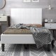 Beige platform bed with button tufted headboard, sturdy construction, and 7" under-bed storage for modern bedroom decor.