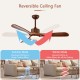 52-inch reversible ceiling fan in brown with LED light, remote control, and adjustable airflow for summer and winter.