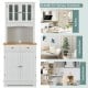 White kitchen pantry cabinet with wood top, featuring tempered glass doors, ample storage, and adjustable shelves for.