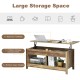 Lift top coffee table in natural finish with hidden storage compartment and lower shelves for versatile home use.
