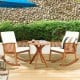 Round solid wood coffee side bistro table with X-shaped legs, varnished for waterproofing, perfect for outdoor spaces.