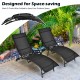 Two black patio folding lounge chairs with armrests, stackable design for space-saving, ideal for outdoor relaxation.
