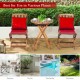Folding wooden bistro set with red cushioned chairs and a table, perfect for outdoor patio or garden use.