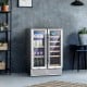 24-inch dual zone wine and beverage cooler in silver, featuring clear glass doors and holding 18 wine bottles and 57.