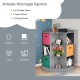 3-tier gray kids storage shelf corner cabinet with 6 open shelves and 3 colorful baskets for organizing toys and books.