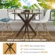Round 36-inch wood dining table with solid rubber wood legs and intersecting pedestal base, ideal for home or café use.