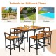 7-piece acacia wood patio rattan bar set with umbrella hole, ideal for outdoor dining in backyard or poolside settings.