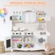 Wooden kids kitchen playset with washing machine, oven, and storage space, designed for imaginative play and creativity.