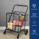 Heavy duty folding utility shopping cart in black with spacious baskets, 330 lbs capacity, and easy maneuverability.