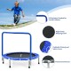 36-inch kids trampoline with blue padded safety cover and full handrail, designed for indoor and outdoor use.