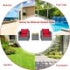3-piece patio rattan furniture set with red cushioned sofas and glass-top table, ideal for outdoor relaxation.