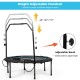 Height-adjustable handrail on a 40" foldable fitness trampoline with resistance bands for versatile home workouts.