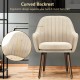 Beige fabric accent chair with curved backrest and wooden legs, designed for comfort and style in any living space.