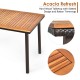 Acacia wood dining table with slatted design and wicker trim, ideal for outdoor patio gatherings, seats 6-8 people.