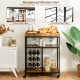 3-tier wood rolling kitchen cart with metal frame, rustic brown finish, holds 9 wine bottles and 6-8 wine glasses.