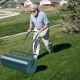 Metal push lawn roller with a green finish, 24 x 13 inches, being used on grass for lawn maintenance.