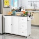 White kitchen island with stainless steel top, 2 doors, 3 drawers, and spice storage, perfect for organized food prep.