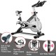 Stationary exercise bike with adjustable seat, phone holder, and electronic display for quiet, effective workouts.
