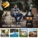 Patio wood burning chimneys fireplace with round wire mesh, sturdy iron construction, ideal for outdoor BBQ use.