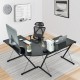 L-shaped corner desk in black featuring an elegant design, X-shaped brackets for stability, perfect for home office use.