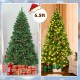 6.5ft pre-lit hinged Christmas tree with 450 LED lights, pine cones, and red berries for festive home decoration.