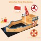 Wooden pirate boat sandbox for kids featuring a flag, rudder, and lifebuoy, with benches and storage for outdoor play.