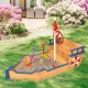 Wooden pirate boat sandbox for kids with benches, flag, and storage space, perfect for imaginative outdoor play.