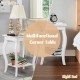 White multifunctional corner table set with curved legs and lower shelf for added storage in any room.