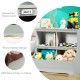3-tier gray kids bookcase storage organizer with 2 cubbies, 2 bins, and humanized name card design for toys and books.