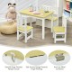 Kids wooden activity table and chairs set in natural finish, featuring ergonomic design and safe storage bench for.