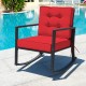 Red cushioned patio rattan rocking chair with sturdy metal frame, perfect for outdoor relaxation by the pool.