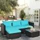 Turquoise cushion detail of the 5 Pieces Patio Rattan Furniture Set, featuring a soft removable cover for easy cleaning.